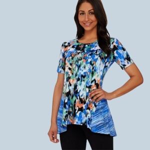 LOGO Lori Goldstein Blue Multi Knit Asymmetrical Sharkbite Hem Tunic Small nwot